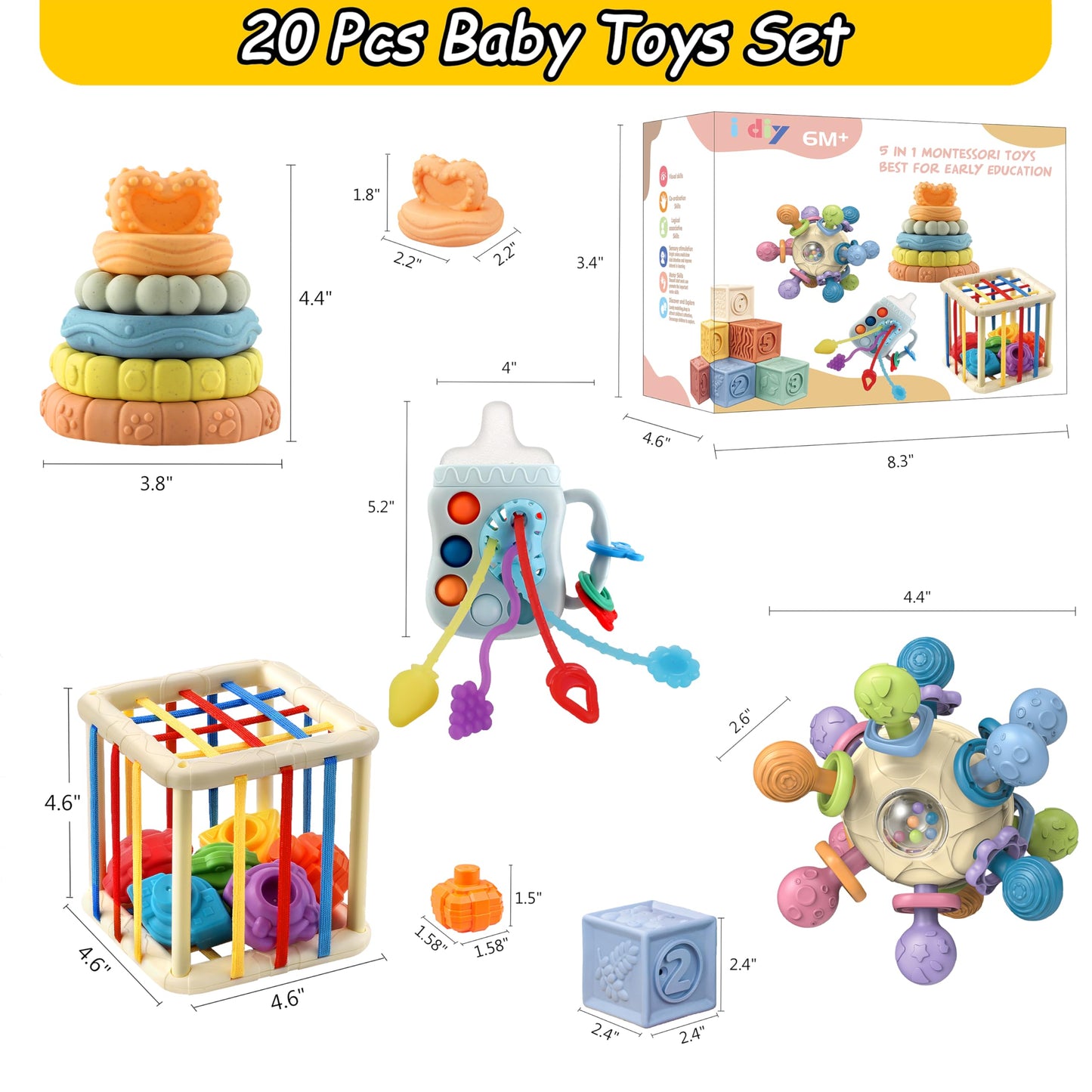Baby Toys 0-6-12 Months,Montessori Toys for babise 0-6-12-18 Months,Incl Pull String Toy & Shape Sorter & Stacking Building Block & Manhattan ball & Baby Blocks，montessori baby toys for 1 + year
