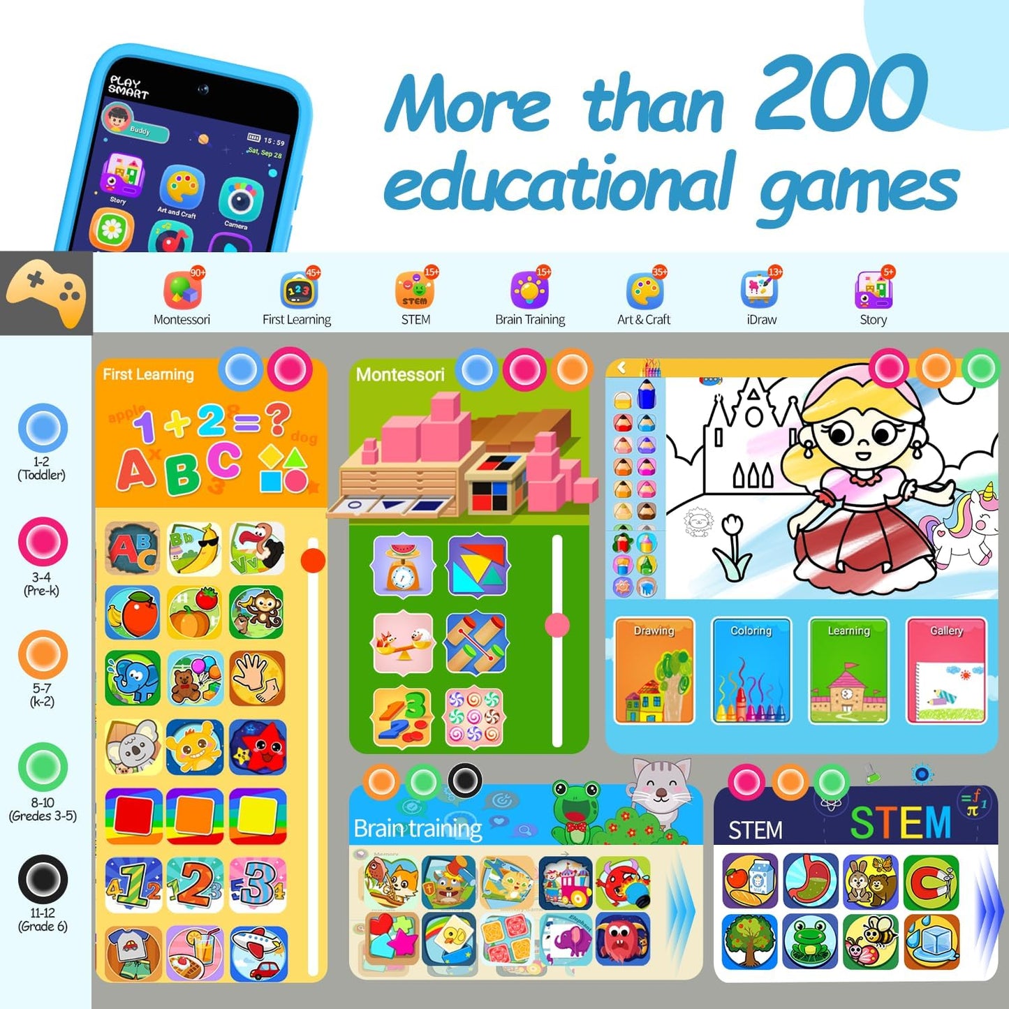 MOMILLA Kids Toys Smart Phone, Dual Camera with Stickers, 3.97" Touchscreen, 200+ Educational Puzzle Games, Learning Toys with Parental Control for Ages 3-8, Birthday Gift