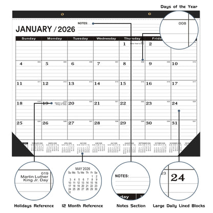 Desk Calendar 2026(January 2026 - June 2027)，2026 Desk Calendar Large 22 x17，2026 Calendar,Classic Black,Large Calendar 2026-2027 with Plastic Cover
