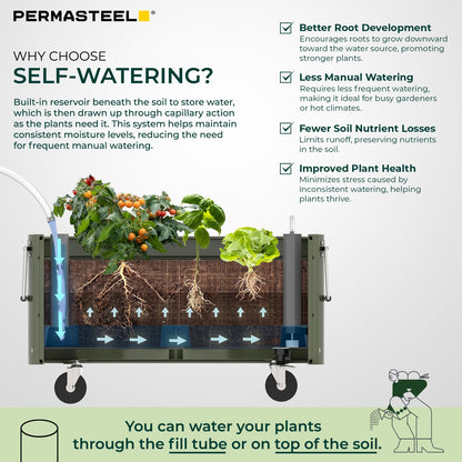Permasteel Self-Watering Garden Bed, Rolling Planter for Vegetables, Flowers, Herbs, and Fruit, Outdoor Indoor, Caster Wheels, Army Green