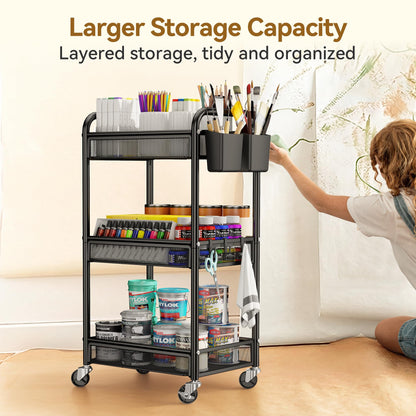 YASONIC 3 Tier Rolling Cart – Metal Utility Storage Carts with Wheels, Craft Cart Organizer with Hanging Cups, Hooks, Mesh Basket for Bedside Kitchen Office Art, Black