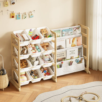 EXPERLAM Toy Storage Organizer with Bookshelf - 12 Storage Bins 4-Tier Multipurpose Shelf to Organize Toys and Books for Kids Room, Playroom, Nursery Room, White