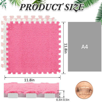 Amylove 72 Pieces Plush Foam Floor Mat Square Interlocking Carpet Tiles with Border 12 x 12 x 0.4 in Fluffy Play Mat Floor Tiles Soft Climbing Area Rugs for Home Playroom(White, Pink, Rose Red)