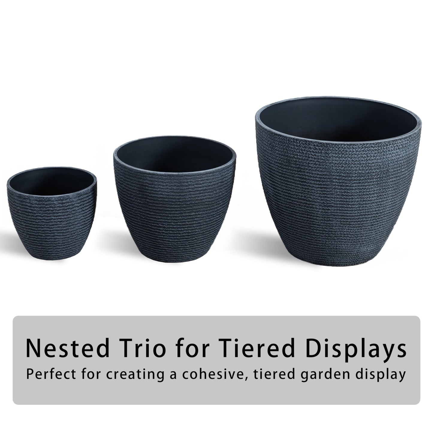 Casaphoria Large Plastic Planters Set of 3, 17/13/9 Inch Tall Plant Pots with Drainage, Modern Flower Pots for Indoor Outdoor Use, Decorative Tall Round Planters for Garden, Patio, Living Room, Blue