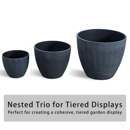 Casaphoria Large Plastic Planters Set of 3, 17/13/9 Inch Tall Plant Pots with Drainage, Modern Flower Pots for Indoor Outdoor Use, Decorative Tall Round Planters for Garden, Patio, Living Room, Blue