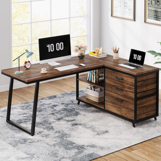 Tribesigns L-Shaped Computer Desk with 3 Drawers, Reversible Corner Home Office Desk with Shelves, 53-Inch Industrial PC Desk Study Writing Table Workstation for Small Space, Rustic Brown
