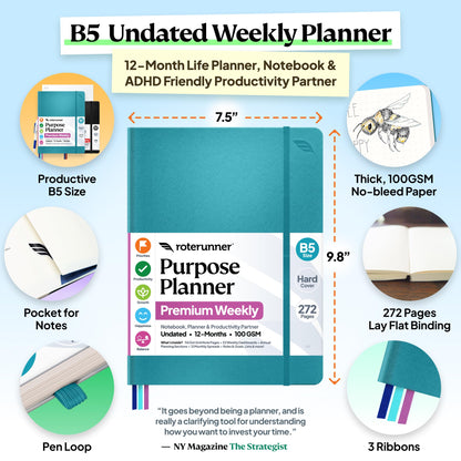 Roterunner Purpose Planner Notebook B5 7.5”x9.8” 12 Month Undated 2026 Daily Weekly and Monthly Productivity Goal Setting Tool for Work Home ADHD Planner for Adults Self Care Journa (Teal)