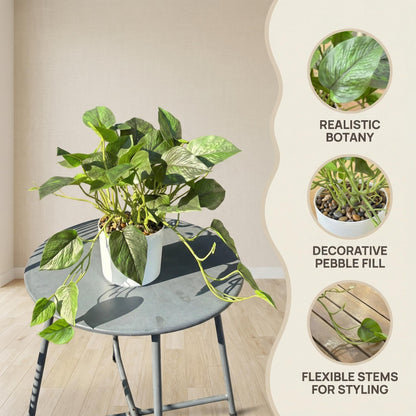 TentoWhan Artificial Plants Faux Pothos with Plastic White Pot Artificial Potted Plant for Home Office Bedroom Indoor Outdoor Decor 1 Pack(Dark Green)