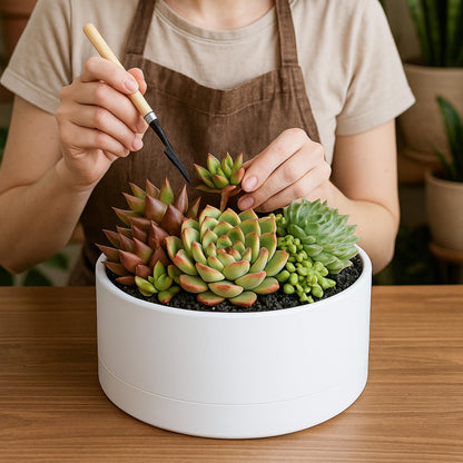D'vine Dev 10 Inch Plastic Shallow Planter, Large Round Succulent Plant Pot with Drainage Hole and Sauce, Decorative Bonsai Pot for Indoor Plants, White, 76-Z-A-2
