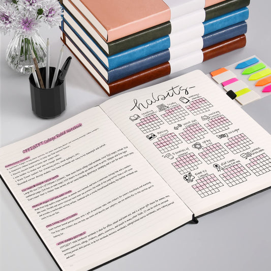 College Ruled Notebook, Large B5 Lined Journal Notebook, 314 Numbered Pages Work Notebook with Index Stickers, 100gsm Thick Paper, Hardcover Vegan Leather Journal for Women Men School Office, Black