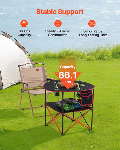 VEVOR Folding Camping Table, Portable Outdoor Lightweight Picnic Table, 600D Oxford Fabric Waterproof Canvas Travel Beach Tables, with 4 Cup Holders, Carry Bag, for Tailgating Camping Picnic, Black
