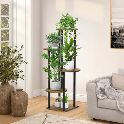 SMFANLIN 5 Tier Plant Stand Indoor, Metal Wooden Tall Plant Shelf Flower Pot Stand for Multiple Plants, Corner Flower Holder Plant Display Rack for Living Room Balcony Patio Garden (Rustic Brown)