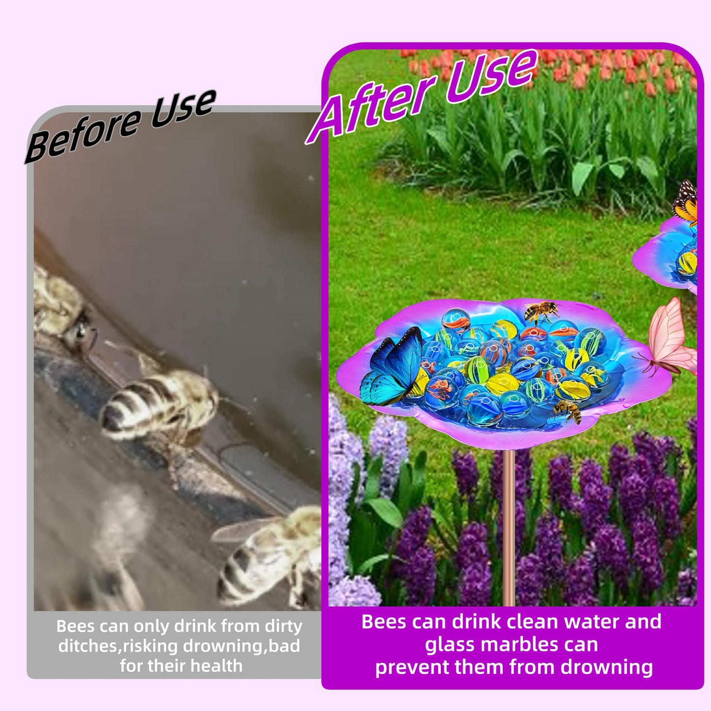 Large Bee Watering Station-Purple Butterfly Puddler Bee Bath & Feeder with Metal Stakes - 30 Glass Marbles, Vivid Flower Design, Garden Yard Decor (Purple-2PACK)