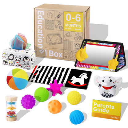 Montessori Toys for Babies 0-6 Months,7 in 1 Newborn Toys Baby Gifts Set Early Learning Toys with Black & White Baby Flashcards,Tummy Time Mirror,Baby Rattle,Sensory Balls,Tissue Box,Rain Stick