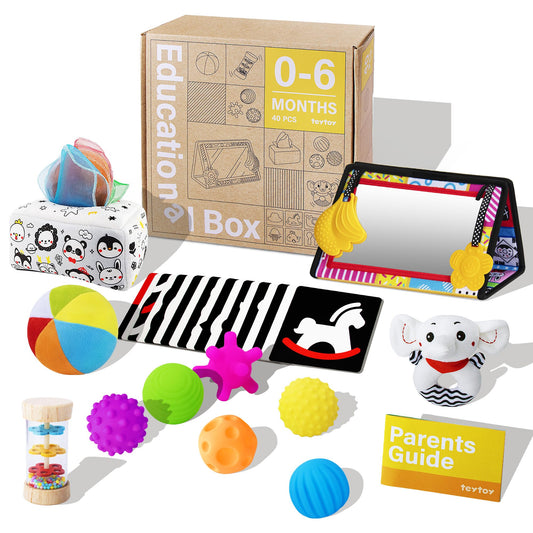 Montessori Toys for Babies 0-6 Months,7 in 1 Newborn Toys Baby Gifts Set Early Learning Toys with Black & White Baby Flashcards,Tummy Time Mirror,Baby Rattle,Sensory Balls,Tissue Box,Rain Stick