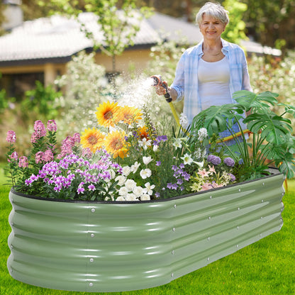 BIRDSINYARD Galvanized Raised Garden Bed - 6×2×1ft Planter Raised Beds for Gardening | Oval Metal Garden Planter Box with Safety Edging and Gloves for Vegetables Fruits and Flower OliveGreen