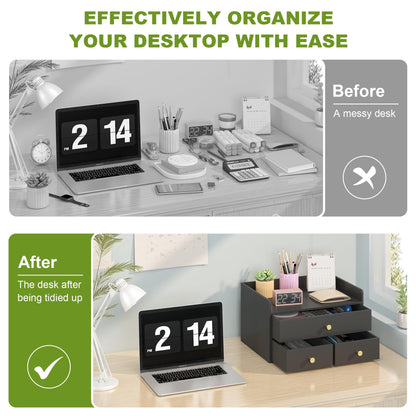 Xadgve Bamboo Desk Organizer - Stackable, No Assembly Required, Ideal for Office/Home Use - Perfect for Toiletries, Stationery, Accessories. (Black, Fence three Desk Organizer)