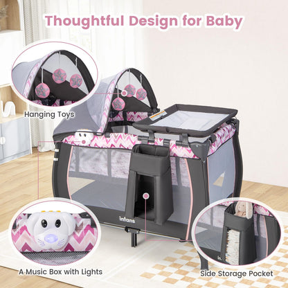 INFANS 4 in 1 Pack and Play, Portable Travel Baby Playard with Bassinet, Changing Table, Canopy, Mosquito Net, Hanging Toys, Music Box, Storage Bag, Large Playpen from Newborn to Toddlers (Pink)