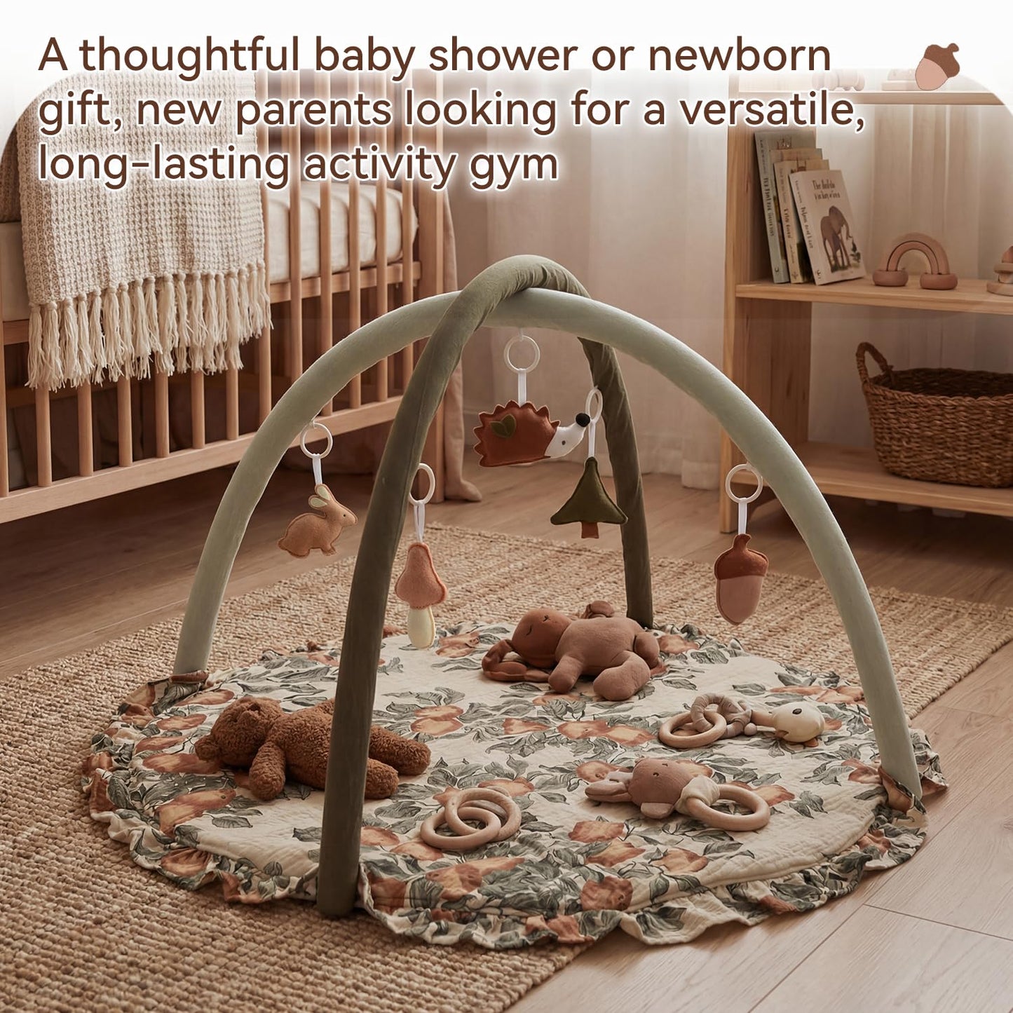 Baby Play Gym Play Mat, Infant Activity Center with 5 Sensory Toys 0–18 Months Developmental Tummy Time Mat, Baby Gym & Activity Mat Apple-Leaf Printed for Newborn Shower Gift Baby Essentials