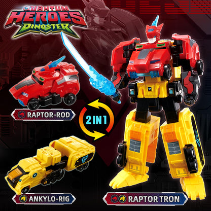 QUANTUM HEROES DINOSTER Transforming Toys, 2-in-1 Transforming Robot Raptor Tron, 7.48-inch Action Figure Children's Robot Toy, Cool Transforming Toys for Boys and Girls Age 5+, Red and Yellow