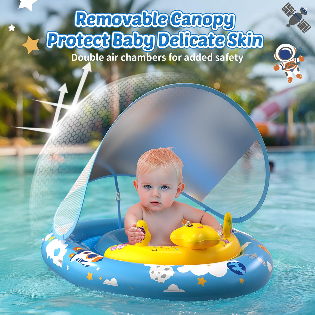Baby Pool Float with Canopy UPF50+ Sun Protection, Baby Swimming Float with Toy Play Console, Toddler Pool Floats with Adjustable Safety Seat for Kids Infant Todder Girls Boys Aged 6-36 Months (Blue)
