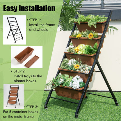 S AFSTAR 5-Tier Vertical Garden Planter, Raised Garden Bed with 2 Lockable Wheels, 6 Removable Planter Boxes, Metal Frame, Indoor Outdoor Elevated Planting Box for Flower Vegetables Fruit Herbs