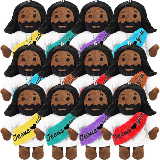 HyDren 12 Pcs Christian Jesus Stuffed Dolls Bulk 4" Loves You Jesus Plush Toy Religious Gifts for Church Members Sunday School Baptism Party Favors(Black Color)
