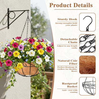 4 Pack Hanging Planter for Outdoor Plants 14 inch Metal Hanging Flower Basket with Coco Coir Liner Round Wire Plant Holder Chain Flower Pots Outdoor Garden Decoration Watering Hanging Baskets（HB）