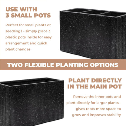 DEPLA LANE Trevano Fiberstone Rectangular Planter (26" L x 9.8" W x 15.7" H) Ribbed Finish, Removable Inner Pots, Lightweight, Durable, UV Resistant, Modern Indoor Outdoor Plant Pot (M, Ribbed Black)