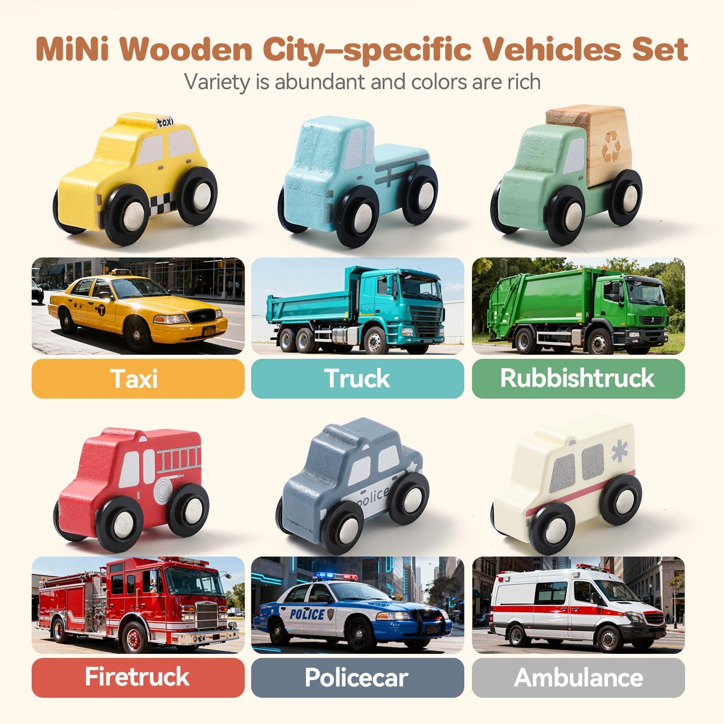 Wooden Cars Vehicle Set for Toddlers 1-3 Cars Toy for Toddlers Montessori Toys for 1+ Year Old Educational 1st Birthday Gifts