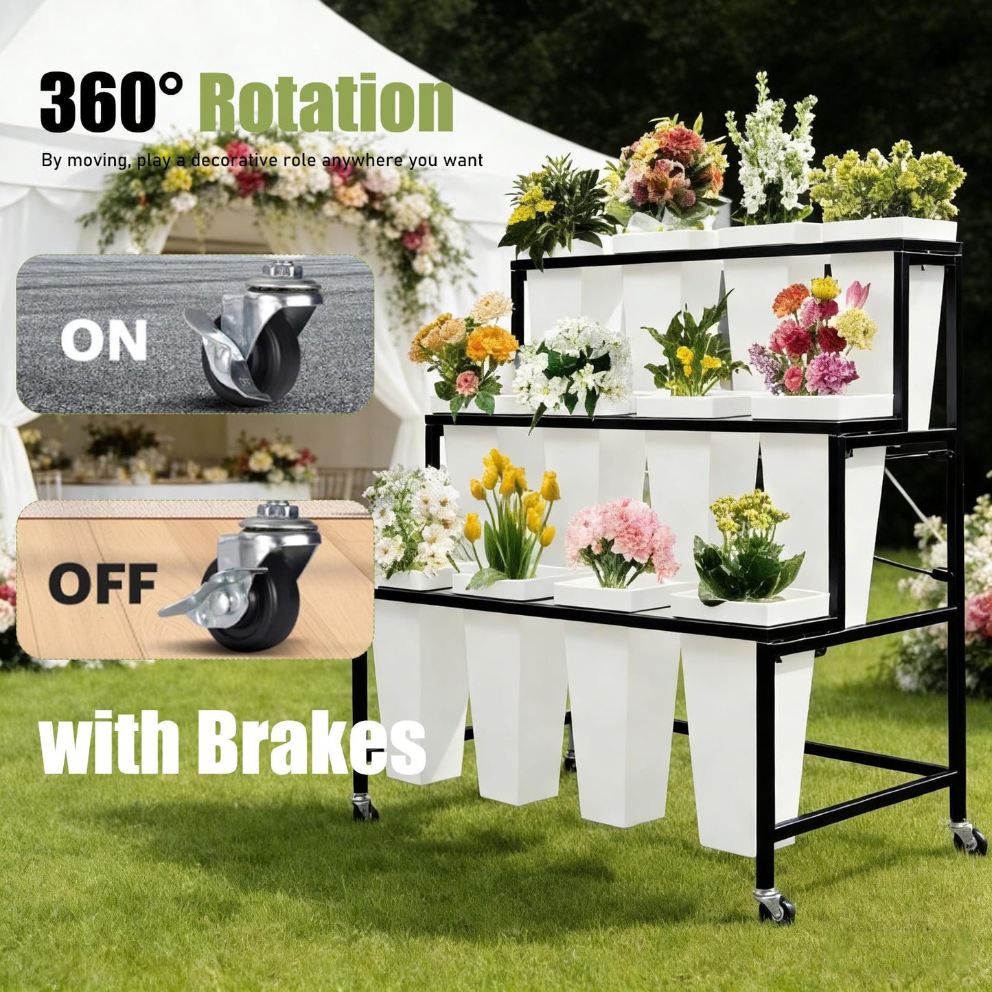 Flower Display Stands With Buckets, With 12pcs Buckets, 3-Tier Rolling Flower Bar,Heavy Duty Metal Flower Cart,For Indoor/Outdoor Use, Wedding Decor & Florist Displays (B - Black frame, white bucket)