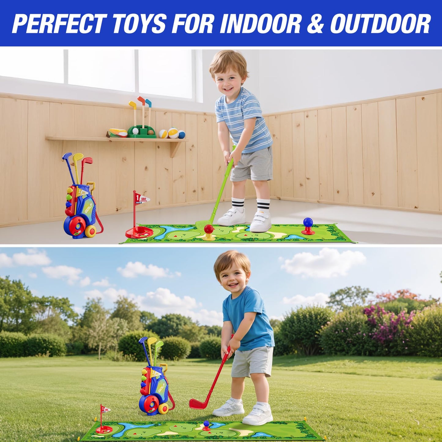 HYES Toddler Golf Set 2-4 Years, Kids Golf Club with 8 Balls, 4 Plastic Clubs, Putting Mat, Scoreboard, Storage Bag, Indoor Outdoor Game with Golf Cart Sport Toy Gift for Baby Boys Girls Age 3-5, Blue