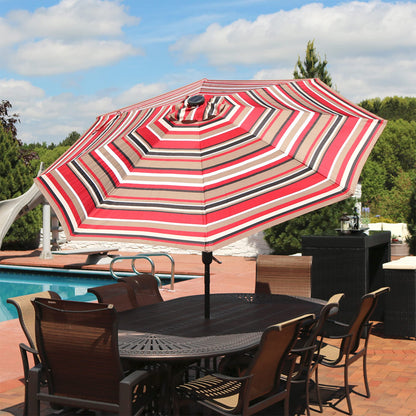 Sunnydaze 9 ft Striped Patio Umbrella with Solar Lights - Polyester LED Table Market Umbrella with Tilt and Crank - Awning Stripe