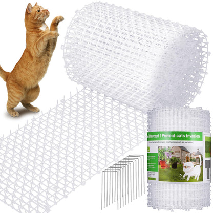 Sanwuta 2 Pcs 26.3 ft Cat Spike Mat Outdoor Cat Deterrent Mat with Spikes Prickle Strips Indoor Dog Digging Deterrent Anti Network Spikes with 10 Staples for Garden Fence(White)
