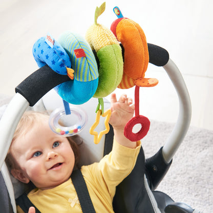 HABA Rainbow Activity Spiral Car Seat Toy and Stroller Toys for Baby 0-18 Months - Colorful Baby Travel Toy with Rattle Teething Element and Sensory Activities