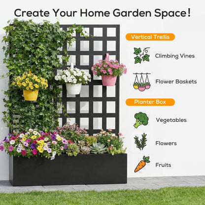 MOMOKOVA Metal Planter Box with Trellis Privacy Screen,46.65" L×12.01" W×70.87" H Raised Garden Bed with Trellis,Drainage Holes Privacy Screen Planter Box for Climbing Plants and Vegetable (Grid)