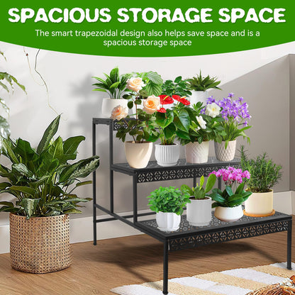 Meyoppm 3 Tier Metal Plant Stand, Ladder Flower Pot Holder Plant Stands, Tiered Plant Stand Outdoor Storage Organizer Rack for Home Garden Patio Balcony
