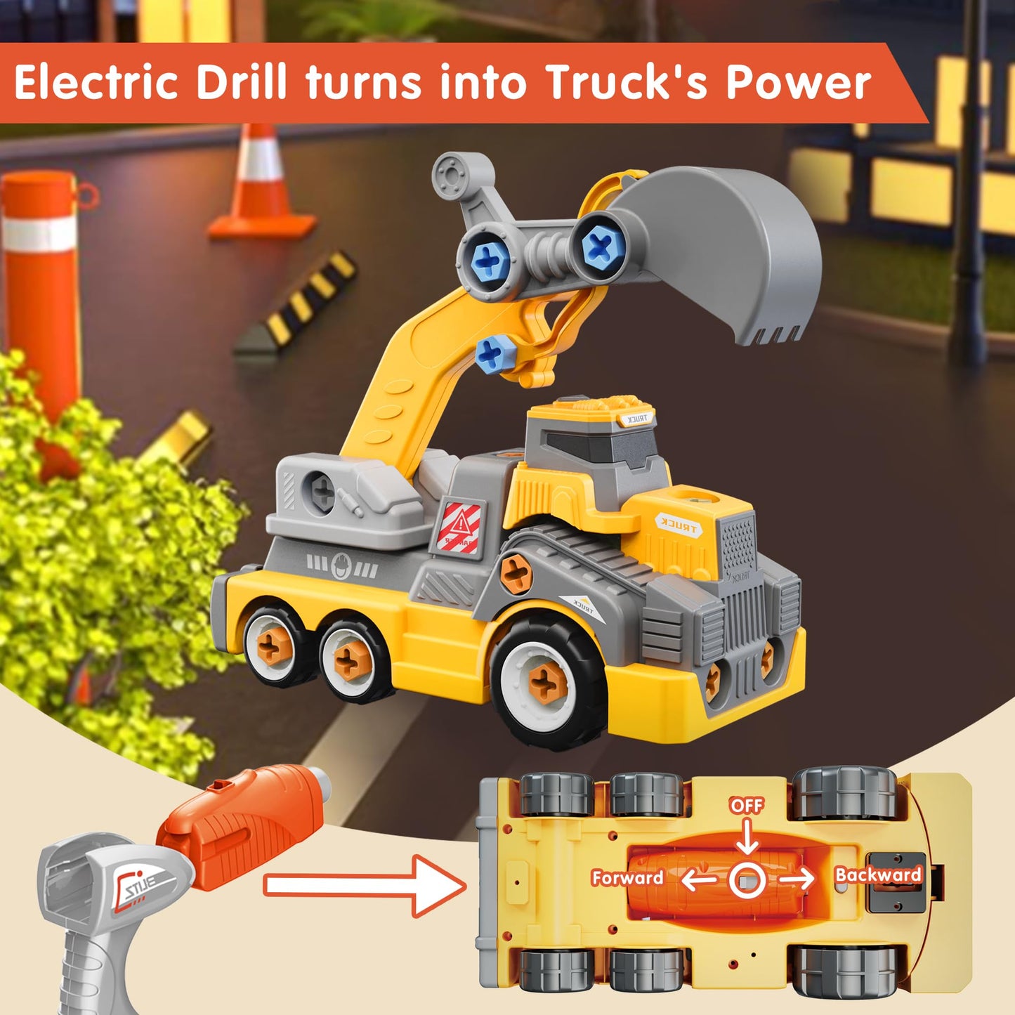 EKU EASYKU 11inches Large Take Apart Construction Toys Excavator Truck for Boys Girls Kids 3-5 6-8 Electric Drill Set Assembly Building Toys