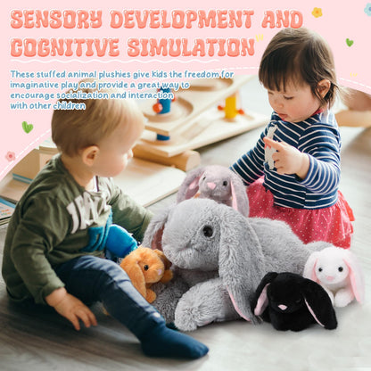 Sratte 5 Pcs Bunny Stuffed Animal Set Large Mommy Bunny Plush with 4 Cute Stuffed Baby Rabbit in Her Belly Soft Cuddly Rabbit Plush Gift for Birthday Baby Shower Party Favor(Gray,Lying Style)
