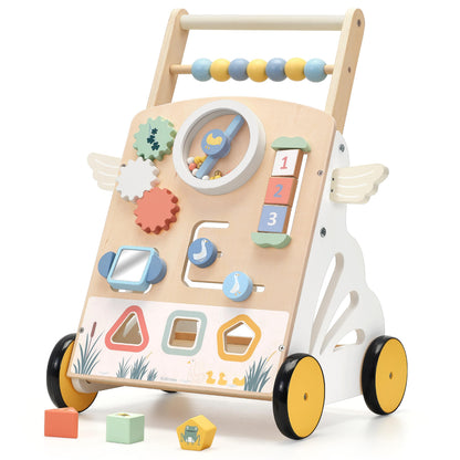 KizKnows Wooden Baby Walker with Wheels Speed Adjustable Baby Push Walker for 12+ Months Boys Girls Learning to Walk & Sit-to-Stand Activity Center with Sensory Toy Kids Development Gift