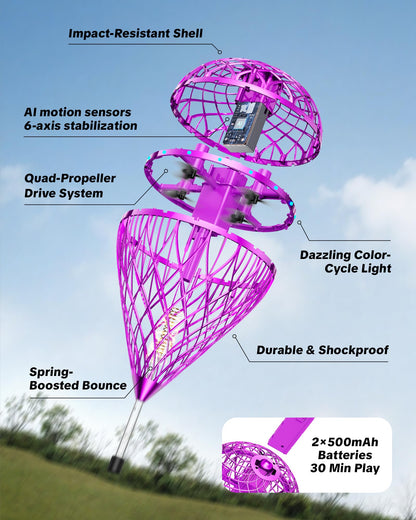 Flystars Flying Bouncing Toys, Next-Gen Pro 2025 Cosmic Globe Flying Orb Ball Motion-Control Hover Spinner with 3D Flips, Cool Birthday Toy for Kids 6+ Boys Girls Teens (Purple-L)