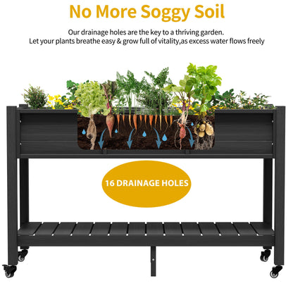 DWVO Raised Garden Bed HDPE with Wheels & Legs, 47x18x31in Weather-Resistant Poly-Wood Elevated Planter Box Outdoor, Double Tier Planters for Patio Balcony Backyard, Black