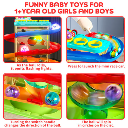 2-in-1 Rolling Ball & Car Ramp Race Track for Toddlers, Hammer Ball Drop Toy for Boys & Girls, Interactive Toys w/Sensor Lights - Montessori STEM Learning Toys - Brithday Gift for Kids 1-5+ Year Old