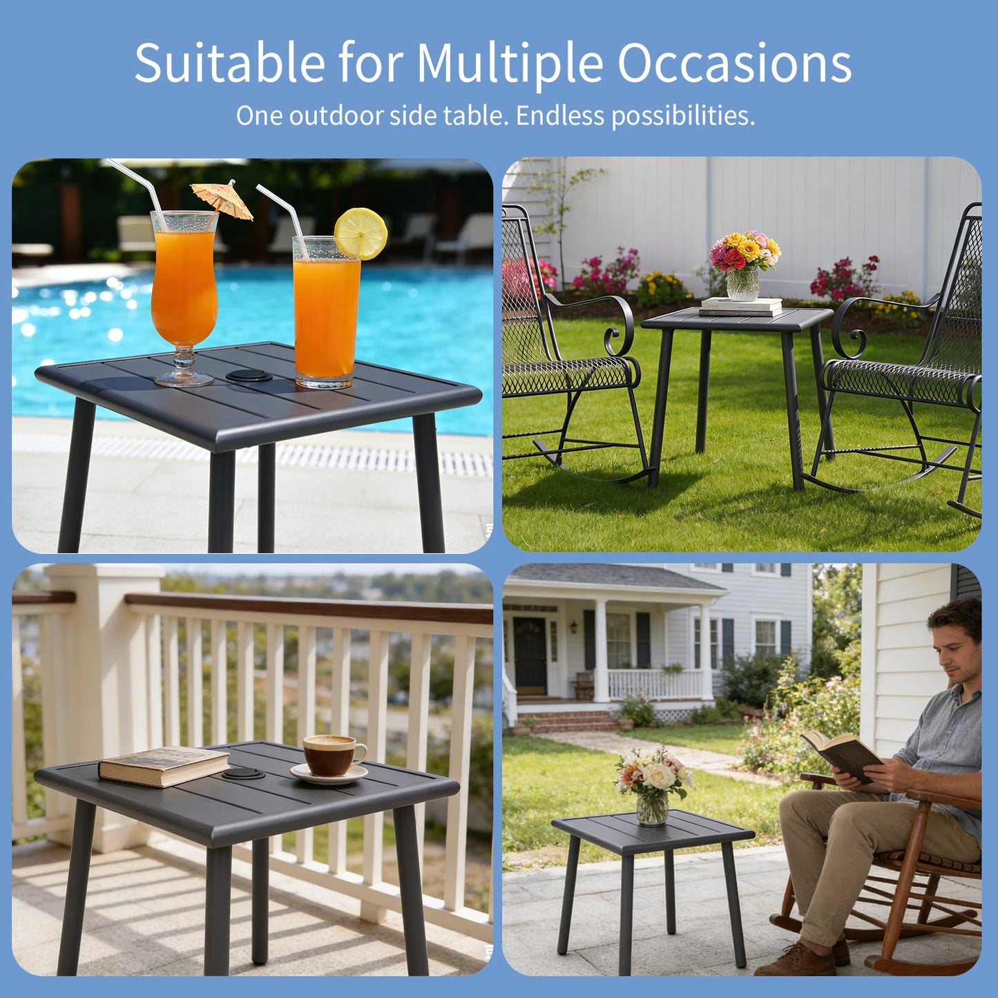 UFavo Home Small Metal Outdoor Side Table with Umbrella Hole Set of 2, Sqaure Patio Coffee Bistro Table End Table, Umbrella Table with Hole for Poolside Yard Porch Deck Balcony,19.7x19.7 inches, Black