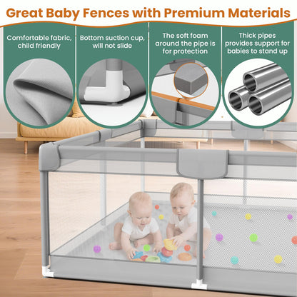 79” x 71” Playpen for Babies and Toddlers - Safe Baby Fence with 50 PCS Ocean Balls and 2 Pull Handles for Indoor - Large Baby Playpen for Activity Center - Play Yard with Non-Slip Suction Cups