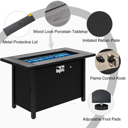 Meilocar 45in Fire Table, Propane Fire Pit with Glass Wind Guard and Rain Cover, Outdoor Firepit Table 50000 BTU 3-in-1 Fire Table for Patio/Yard/Balcony, Gray Tabletop