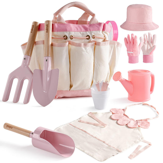 ROBUD Kid Gardening Set, Wooden Garden Tool for Kid, Garden Tool Kit with Tool Storage Bag, Apron, Gloves, Montessori Toys for Kids to be Closed to Nature, WRP51