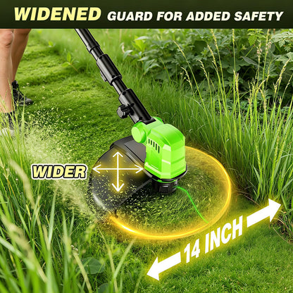 Amiluo 3 in 1 Cordless String Trimmer & Edger, 21V Battery Powered Weed Wacker with Wheels, 2 x 3.0Ah Batteries & 8 Spools, 14" Electric Weed Trimmer, Grass Trimmer for Garden, Lawn and Yard Care
