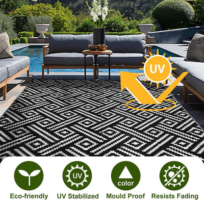 OPPODREAM Outdoor Rug 8x10 Patio Waterproof, Large Outdoor Plastic Straw Rug, Reversible Out Door Carpet for Camping, Deck, Rv, 8 x 10 Area Carpet for Balcony, Porch, Backyard, Black and White