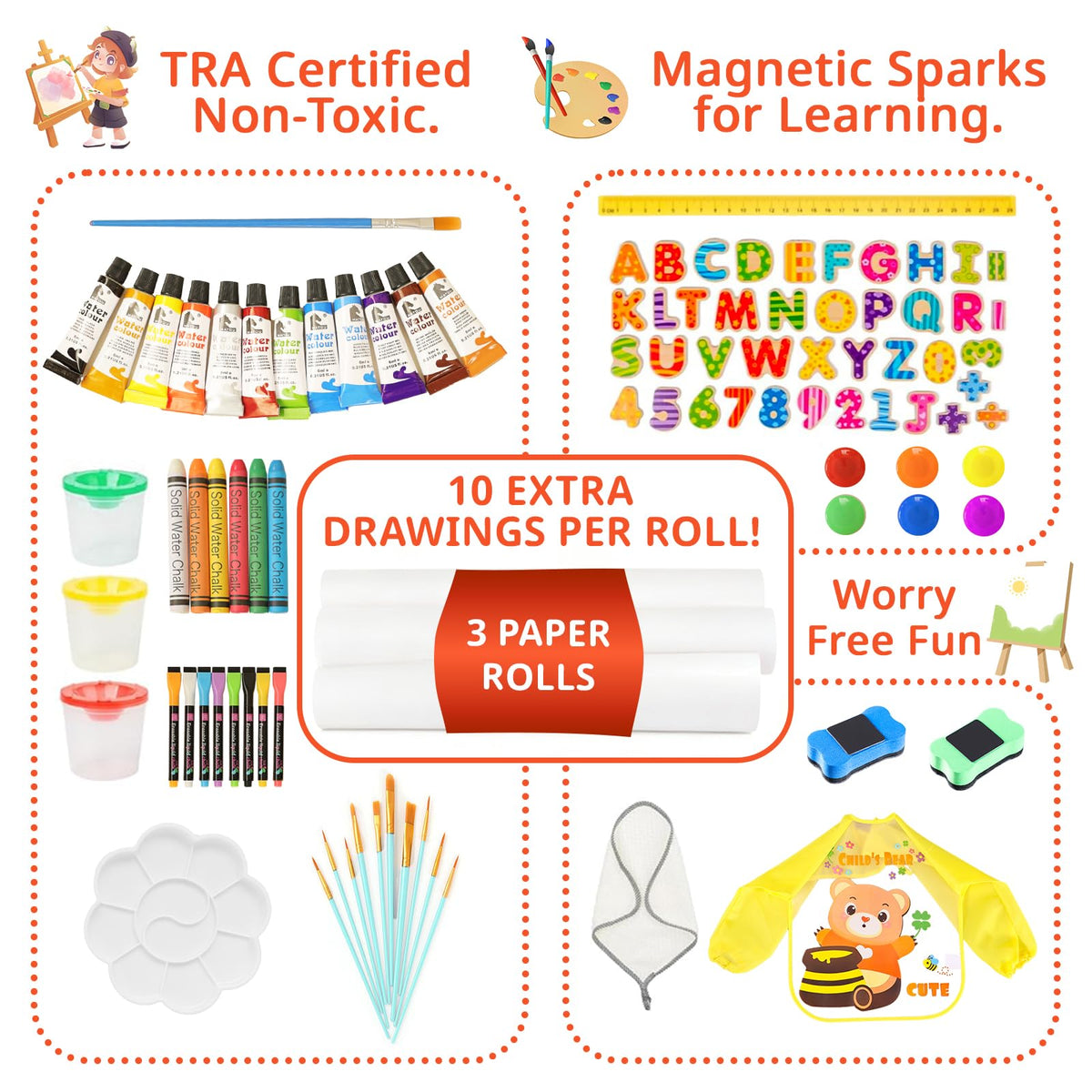 Art Easel for Kids, Kids Art Easel with 3 Paper Roll,Adjustable Standing Wooden Toddler Easel for Painting Double Sided, Magnetic Whiteboard and Chalkboard,3in1 Painting Easel for 2-4 4-8 Orange